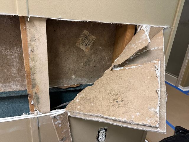 Water-damaged drywall cut open beside a bathtub, and the tub wall stripped to clean studs.
